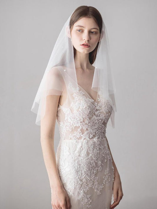 Simple Ivory Tulle Wedding Veil Waist Length with Pearls