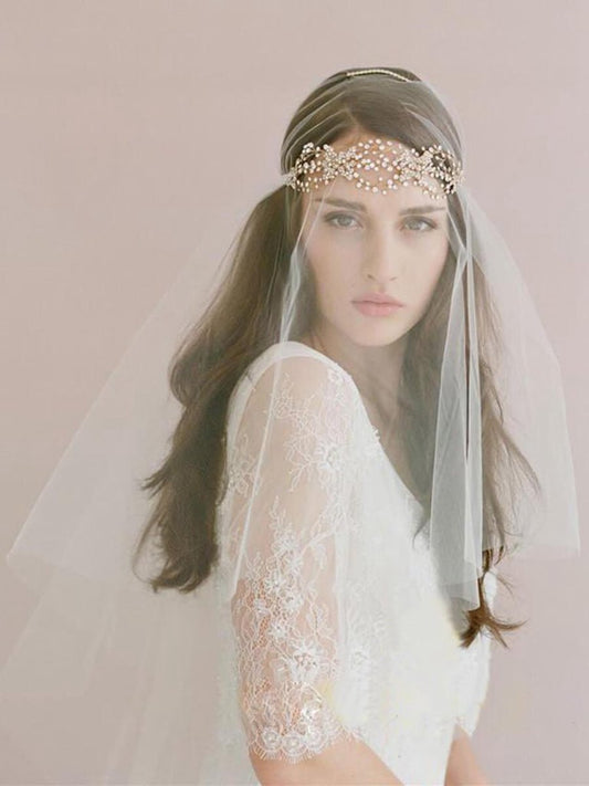Traditional Drop Veil Blusher Wedding Veil with Crystal Headpiece