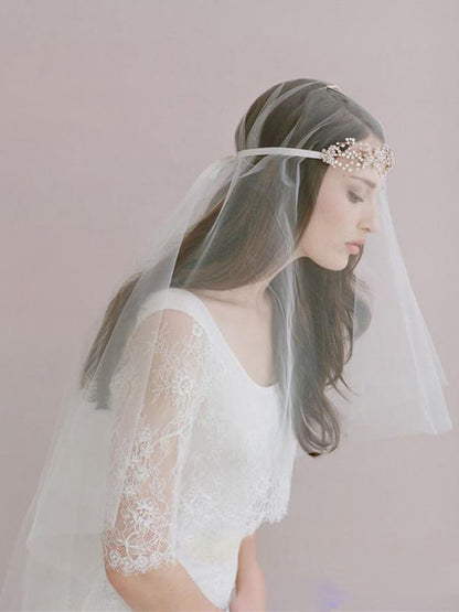 Traditional Drop Veil Blusher Wedding Veil with Crystal Headpiece