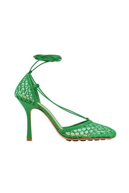 Yellow Stiletto Heel Lace Up Fishnet High Heel Sandals