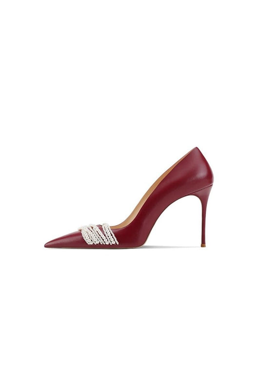Leather Upper Pearl Mid Heel Pumps