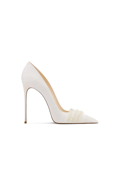 Leather Upper Pearl Mid Heel Pumps
