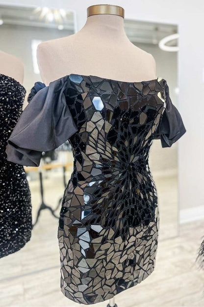 Cut Glass Mirror Off-the-Shoulder Short Party Dresses