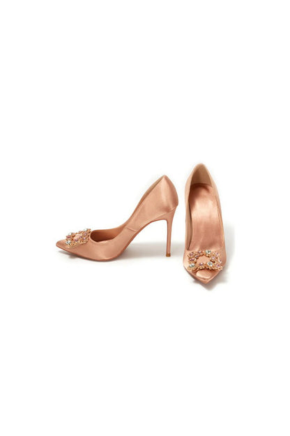 Wedding Satin Pointed Toe Rhinestones Buckle Stiletto Heel Pumps