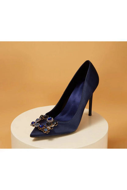 Wedding Satin Pointed Toe Rhinestones Buckle Stiletto Heel Pumps