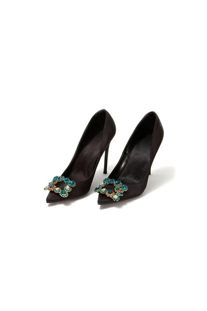 Wedding Satin Pointed Toe Rhinestones Buckle Stiletto Heel Pumps