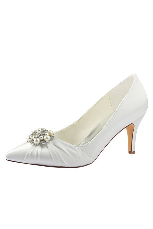 Wedding Shoes Close Toe Stiletto Heel Satin With Rhinestone Ruffles