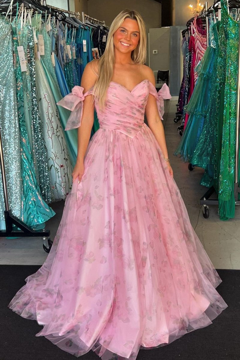 Print Off-the-Shoulder A-line Long Prom Dresses