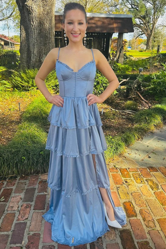 Periwinkle Corset Multi-Layer Ruffle Long Prom Dresses