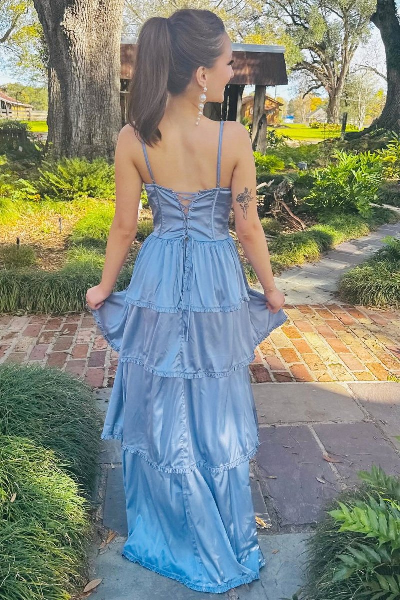 Periwinkle Corset Multi-Layer Ruffle Long Prom Dresses