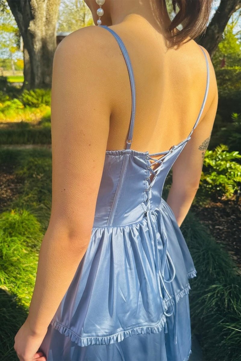 Periwinkle Corset Multi-Layer Ruffle Long Prom Dresses