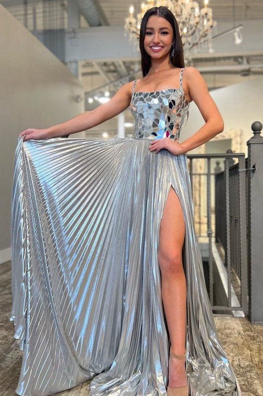 Metallic Off-the-Shoulder Pleated Prom Dresses with Broken Mirrors