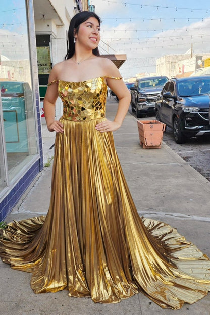 Metallic Off-the-Shoulder Pleated Prom Dresses with Broken Mirrors