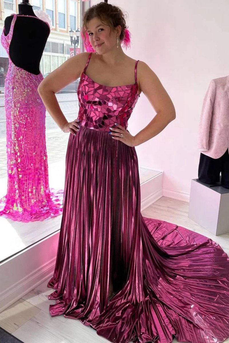 Metallic Off-the-Shoulder Pleated Prom Dresses with Broken Mirrors