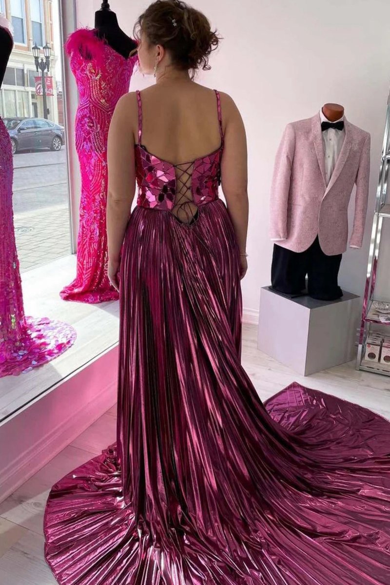 Metallic Off-the-Shoulder Pleated Prom Dresses with Broken Mirrors