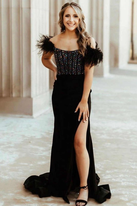 New Mermaid Satin Off the Shoulder Beaded Side Slit Long Prom Dresses with Feather
