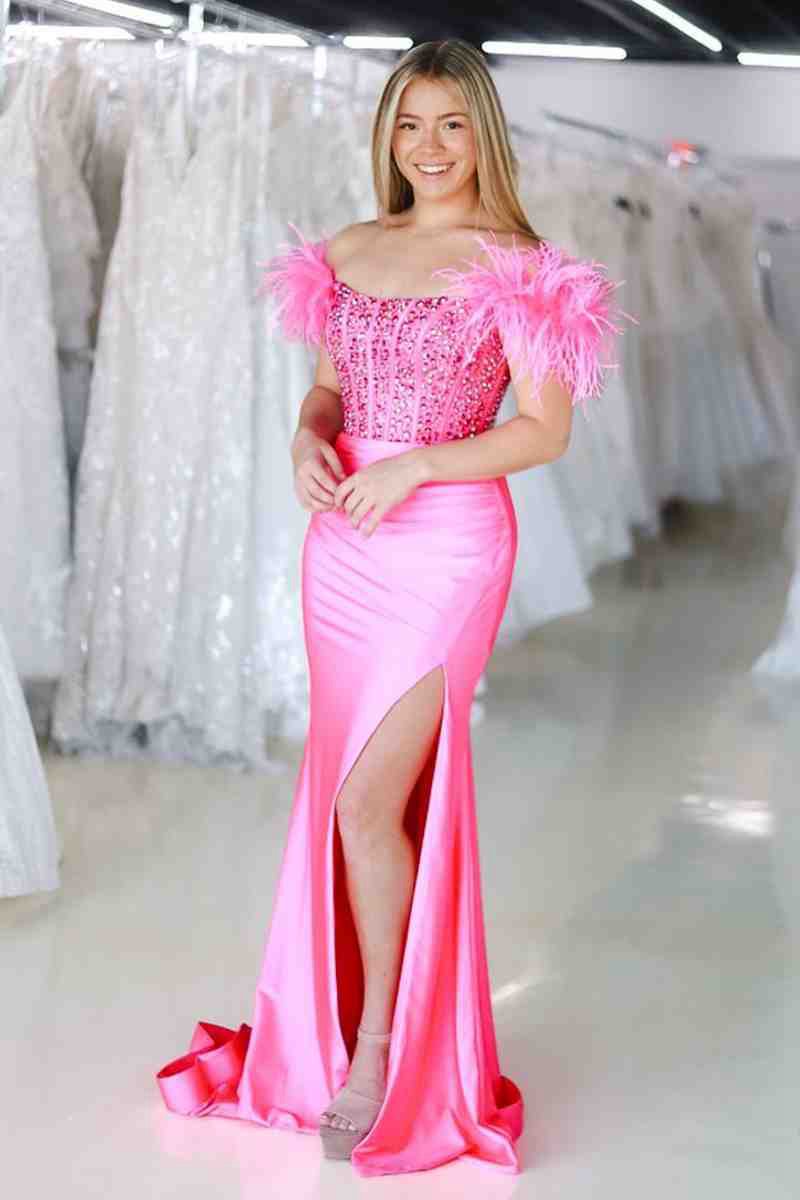 New Mermaid Satin Off the Shoulder Beaded Side Slit Long Prom Dresses with Feather
