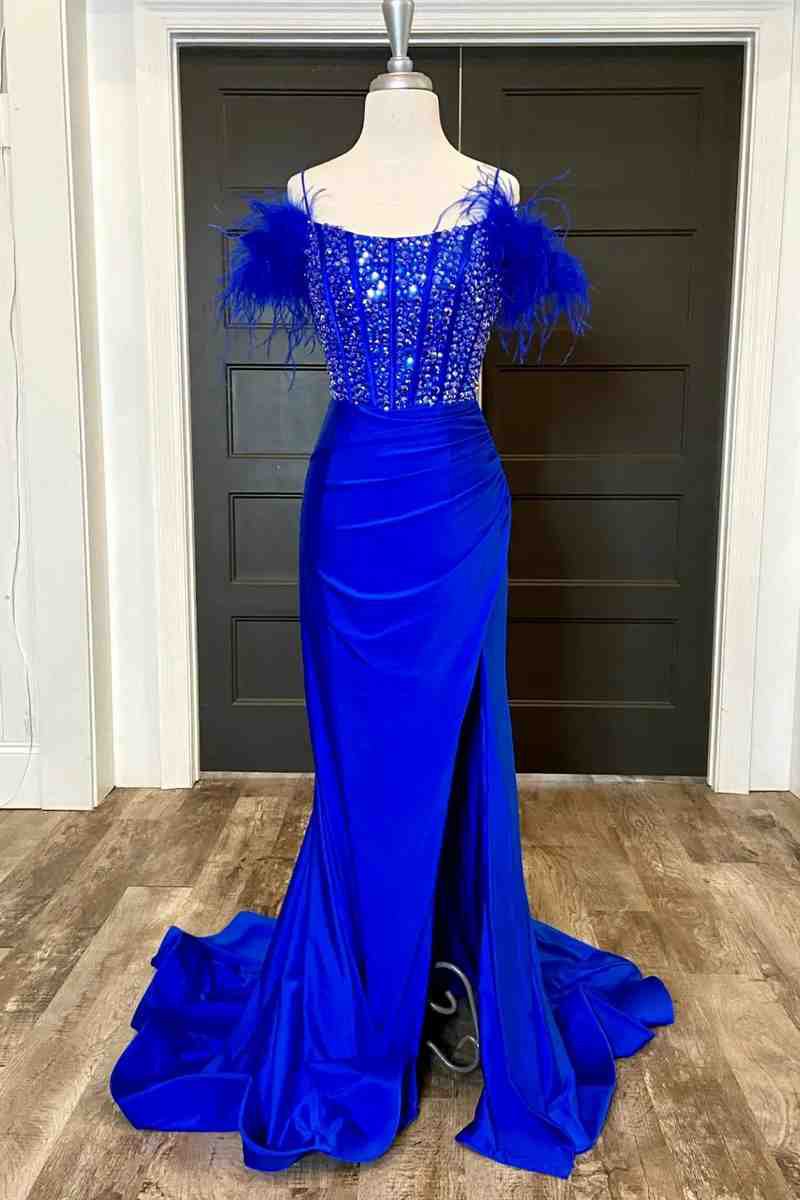 New Mermaid Satin Off the Shoulder Beaded Side Slit Long Prom Dresses with Feather