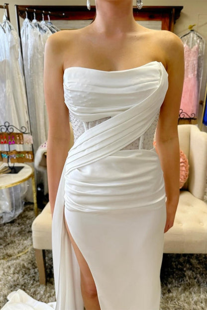 Strapless Beaded Ruched Maxi Dresses with Attached Train