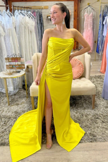 Strapless Beaded Ruched Maxi Dresses with Attached Train
