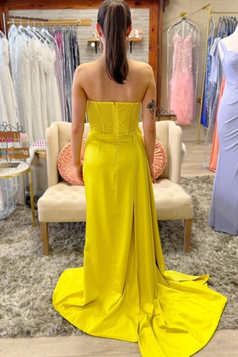 Strapless Beaded Ruched Maxi Dresses with Attached Train