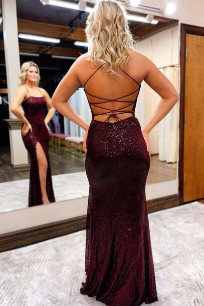 Sequin Lace-Up Back Long Prom Dresses with Slit