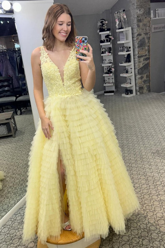Plunge V Ruffle Tie Long Prom Dresses with Slit