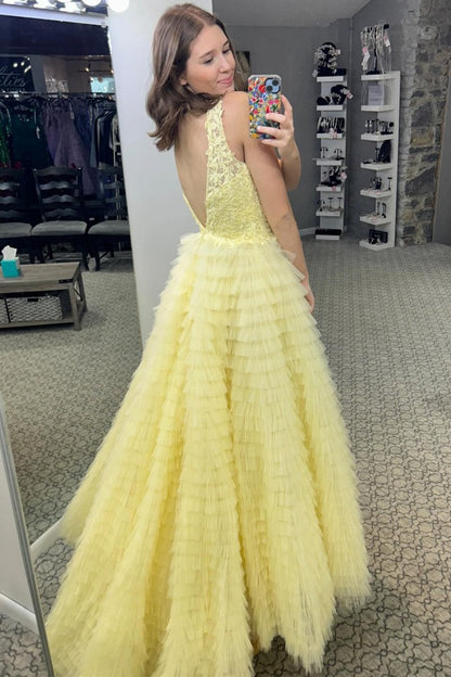 Plunge V Ruffle Tie Long Prom Dresses with Slit