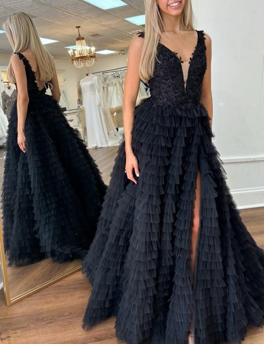 Plunge V Ruffle Tie Long Prom Dresses with Slit