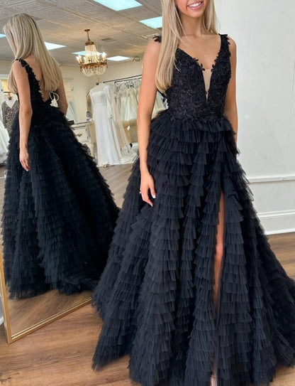 Plunge V Ruffle Tie Long Prom Dresses with Slit
