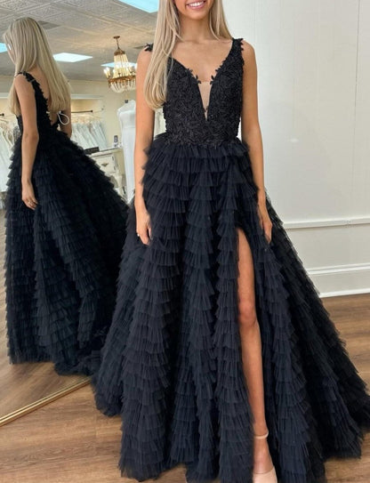 Plunge V Ruffle Tie Long Prom Dresses with Slit