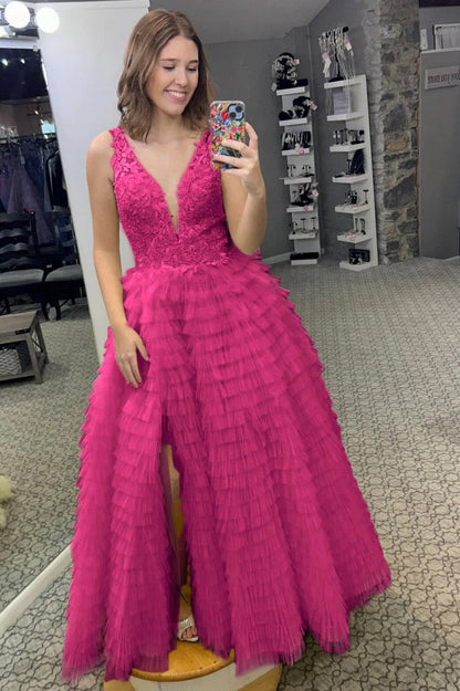 Plunge V Ruffle Tie Long Prom Dresses with Slit