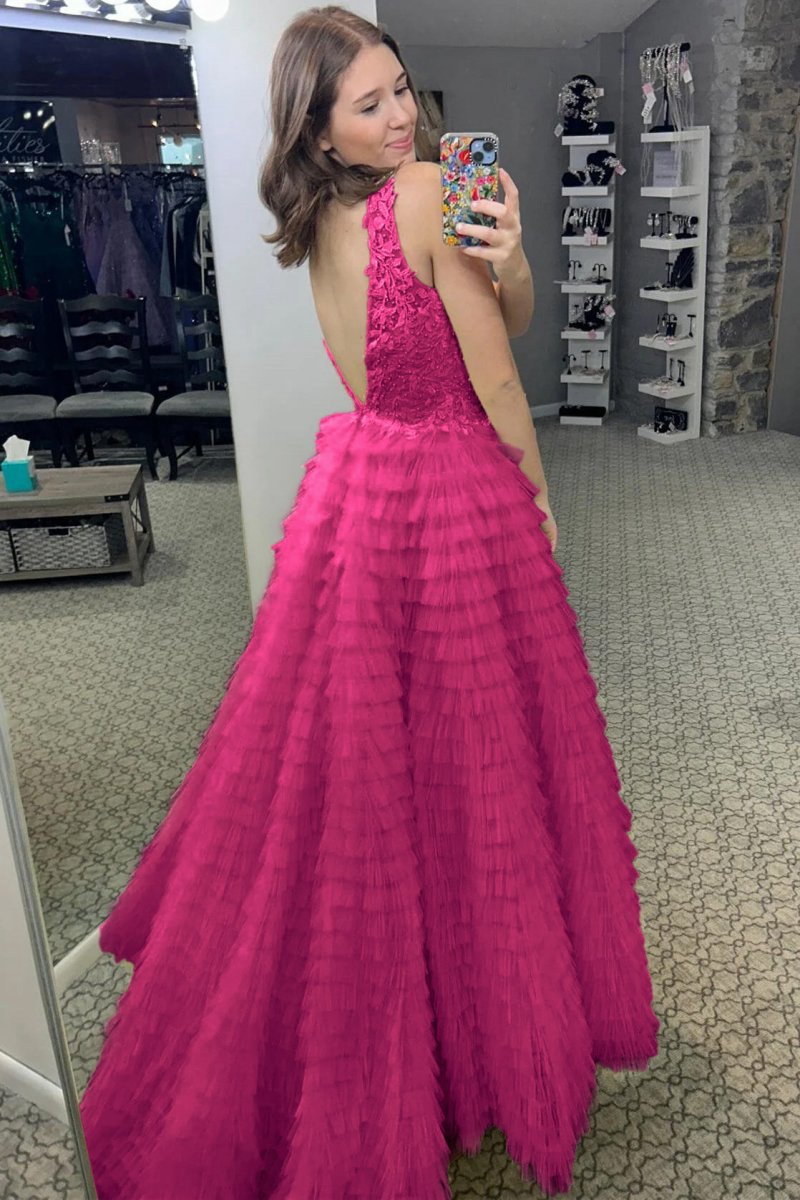 Plunge V Ruffle Tie Long Prom Dresses with Slit