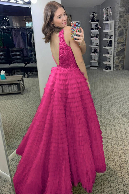 Plunge V Ruffle Tie Long Prom Dresses with Slit