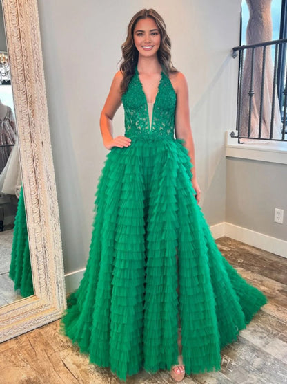 Plunge V Ruffle Tie Long Prom Dresses with Slit