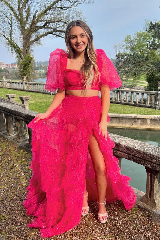 Two-Piece Puff Sleeve Ruffle Glitter Tulle Prom Dresses with Slit