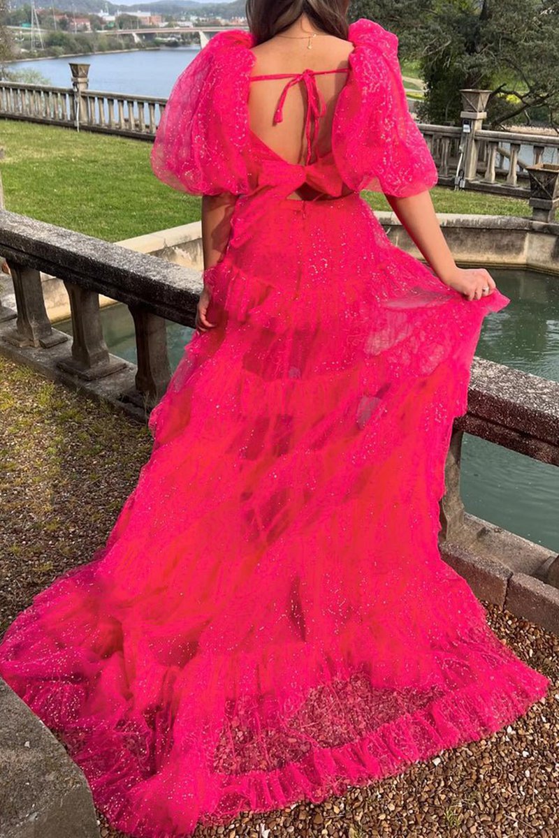Two-Piece Puff Sleeve Ruffle Glitter Tulle Prom Dresses with Slit