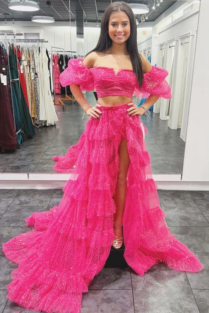 Two-Piece Puff Sleeve Ruffle Glitter Tulle Prom Dresses with Slit