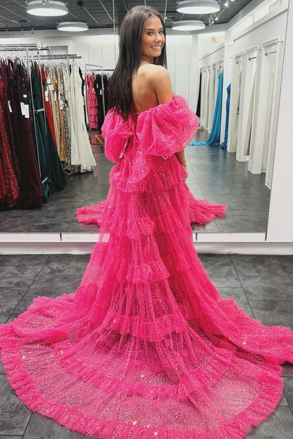 Two-Piece Puff Sleeve Ruffle Glitter Tulle Prom Dresses with Slit