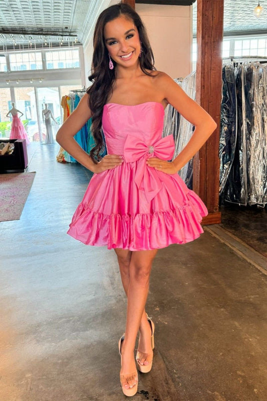 Strapless Ruffle Homecoming Dresses with Bow