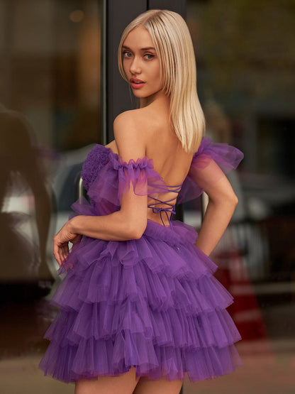 Off-the-Shoulder Lace-Up Ruffle Tie Homecoming Dresses