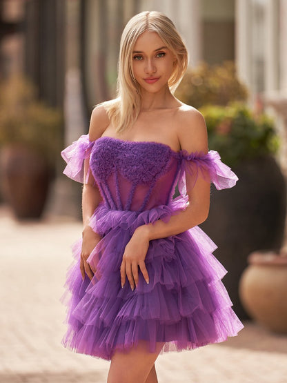 Off-the-Shoulder Lace-Up Ruffle Tie Homecoming Dresses