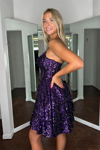 Grape Lace-Up A-line Sequins Homecoming Dresses