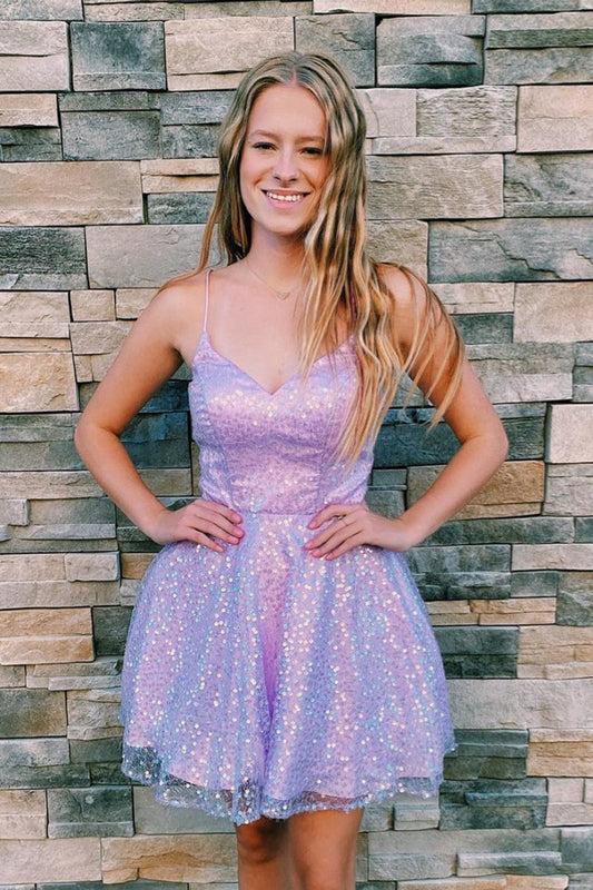 A-line Sequins Straps V Neck Homecoming Dresses