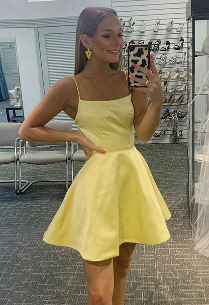 Square Neck A-line Sleeveless Satin Short Homecoming Dresses
