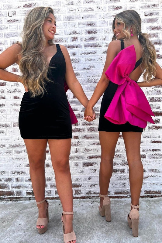 Plunge V Bow Back Bodycon Mini Party Dresses