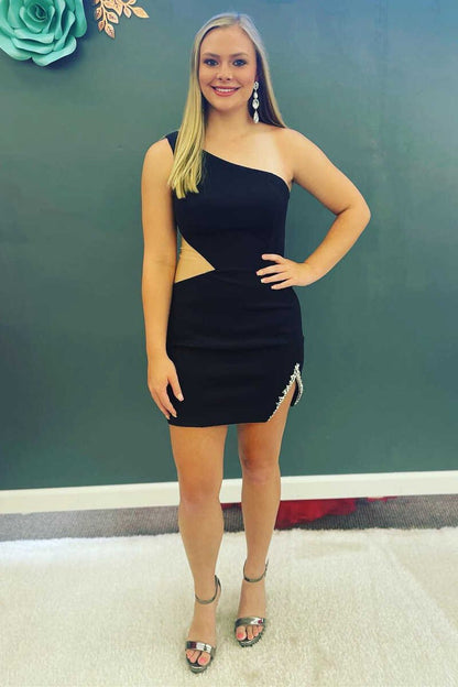 One-Shoulder Cutout Short Party Dresses with Slit