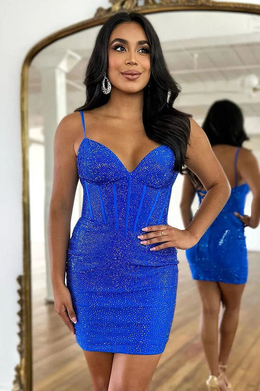 Bodycon V Neck Elastic Satin Short Homecoming Dresses with Beading