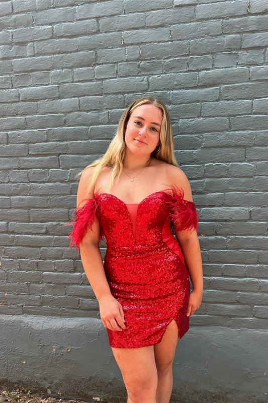 Plunging Off-the-Shoulder Sequins Homecoming Dresses with Feathers