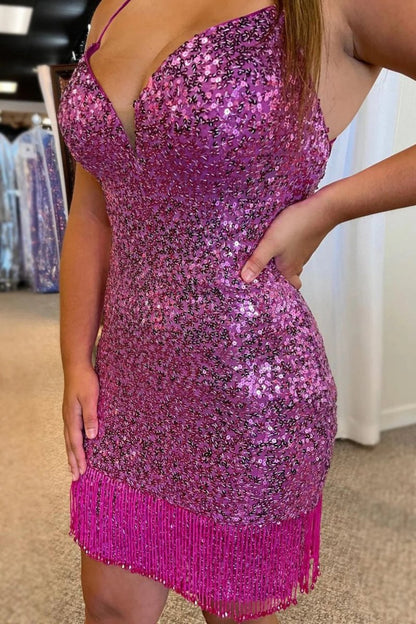 Sequins Tight Homecoming Dresses with Fringes